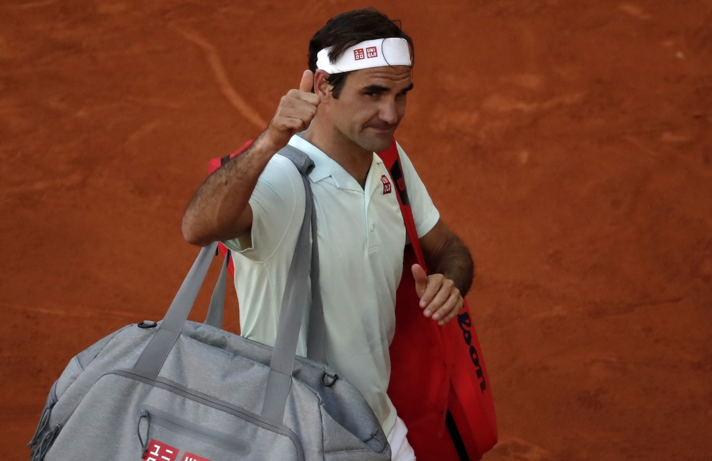 Roger Federer of Switzerland gestures after Mutua Madrid Open quarter-final tennis match against Dominic Thiem of Austria (not seen) at the Caja Magica in Madrid on May 10, 2019. Burak Akbulut - Anadolu