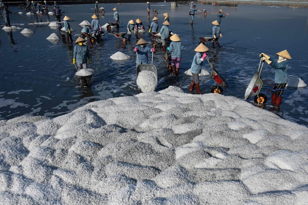 This photograph taken on April 22, 2019 shows workers harvesting salt in southern Vietnam's Hon Khoi salt fields. AFP / Manan Vatsyayana


