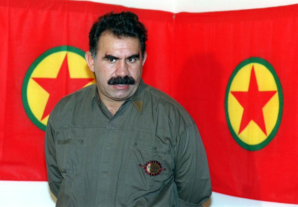 This file photo taken on September 28, 1993 shows Kurdish rebel chief Abdullah Ocalan giving a press conference in Masnaa on the Lebanon-Syria border.  / AFP / Joseph BARRAK 