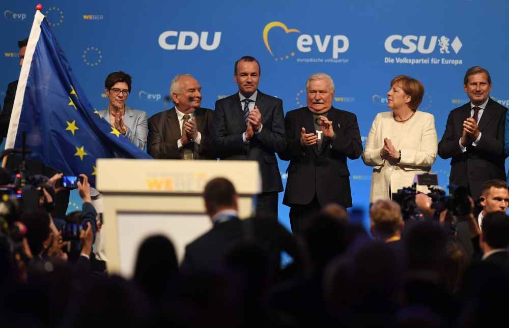 (L-R) State Premier of Bavaria and leader of the conservative Christian Social Union (CSU) party Markus Soeder, leader of Germany's conservative Christian Democratic Union (CDU) party Annegret Kramp-Karrenbauer, EPP President Joseph Daul, Manfred Weber, t
