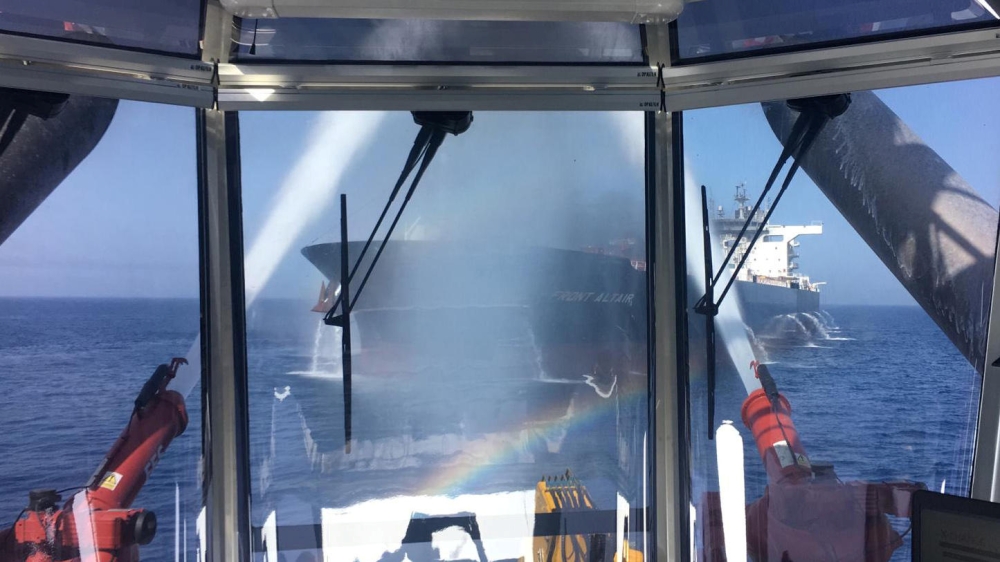 A handout photo made available by the Norwegian shipowner Frontline of the crude oil tanker Front Altair during the firefighting of the fire onboard the ship in the Gulf of Oman, June 13, 2019. Frontline/NTB Scanpix/via Reuters