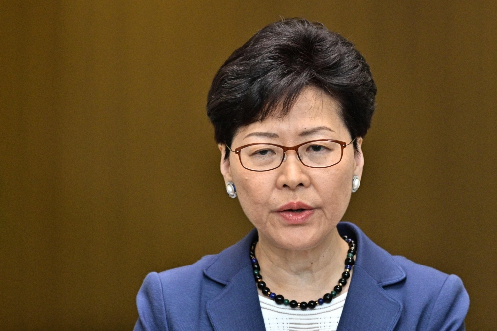 Chief Executive Carrie Lam speaks during a press conference at the government headquarters in Hong Kong on June 10, 2019, a day after the city witnessed its largest street protest in at least 15 years as crowds massed against plans to allow extraditions t