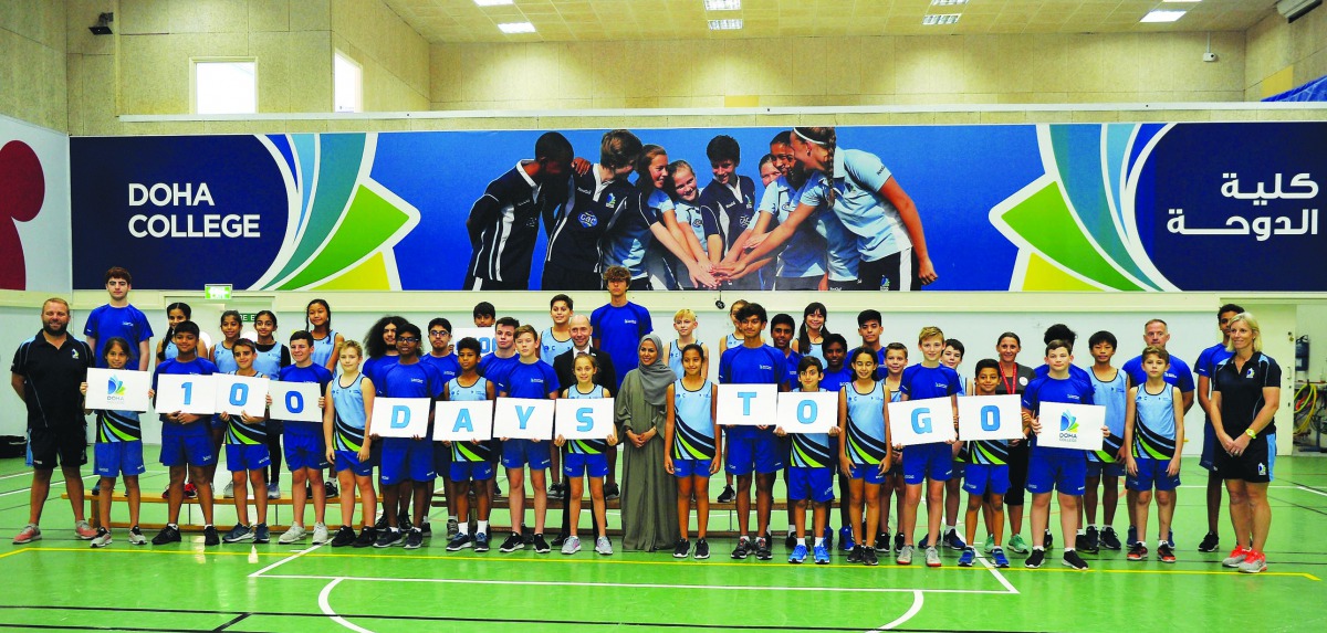 Sheikha Asma Al Thani, Director of Marketing and Communications for the Local Organising Committee of the IAAF World Athletics Championships Doha 2019, poses for a picture with the students, teachers and principal of Doha College in Doha yesterday. Pictur