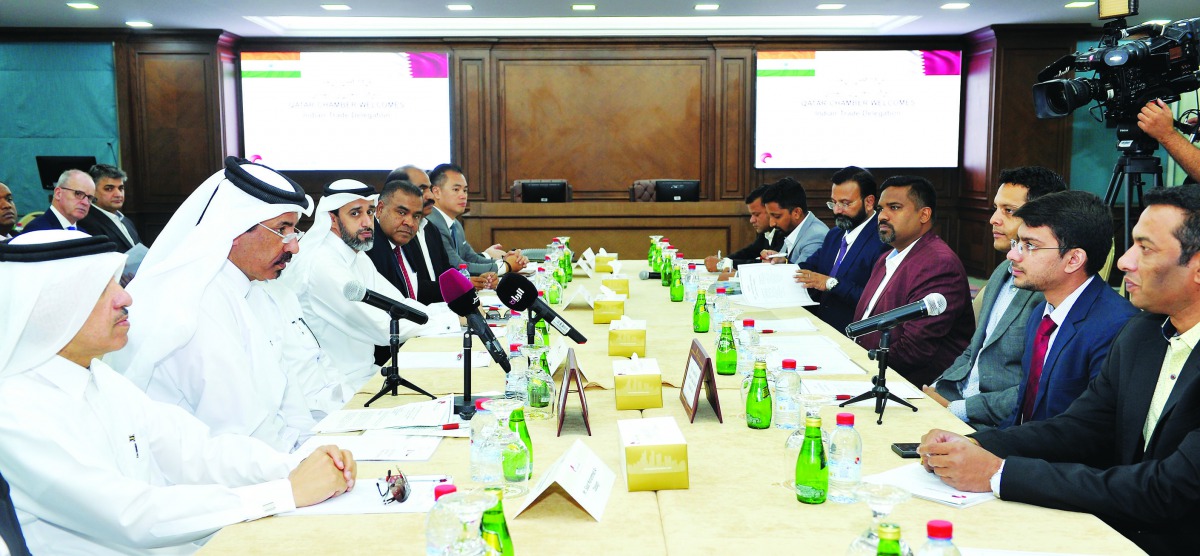 The First Vice-Chairman of Qatar Chamber, Mohamed bin Ahmed bin Towar Al Kuwari (second left), and other Qatari businessmen meet with members of a trade delegation from India’s state of Go, at QC headquarters, yesterday. Pic: Salim Matramkot / The Peninsu