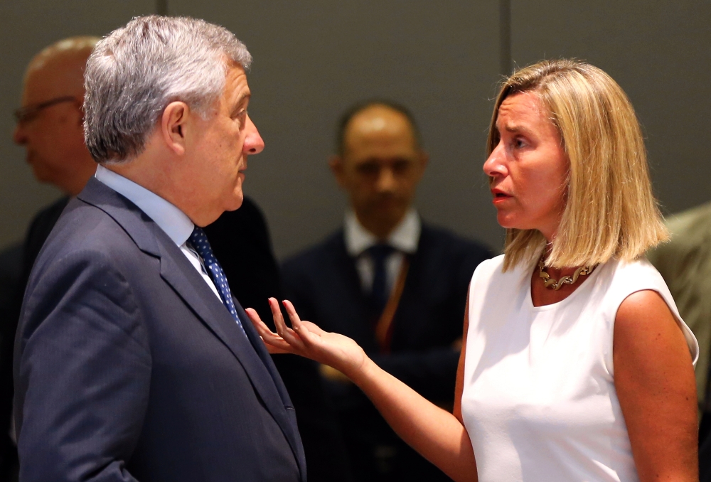  EU Foreign Policy Chief Federica Mogherini speaks with President of European Parliament Antonio Tajani during extraordinary summit of EU leaders, in Brussels, Belgium on June 30, 2019. (Dursun Aydemir/Anadolu Agency) 