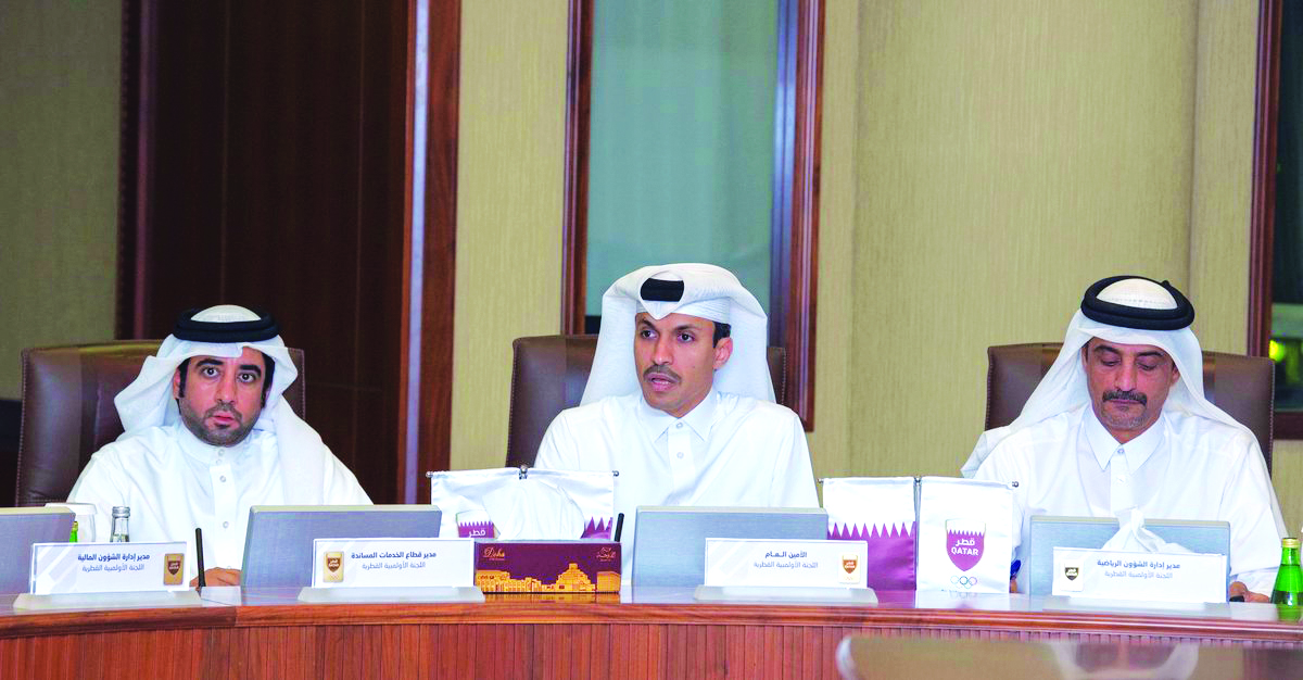 Jassim bin Rashid Al Buainain, Secretary-General of the Qatar Olympic Committee (centre), speaking during the meeting held at the QOC Headquarters. 