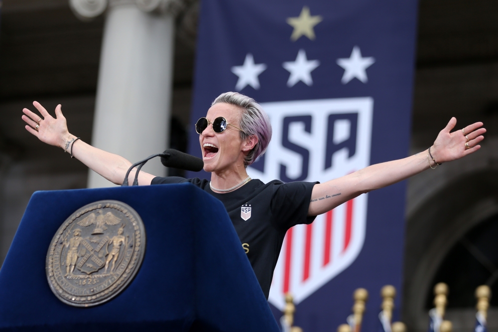 United States women's national team forward Megan Rapinoe (15) speaks at New York City Hall after the ticker-tape parade for the United States women's national soccer team down the canyon of heroes in New York City. Credit: Brad Penner-USA TODAY Sports