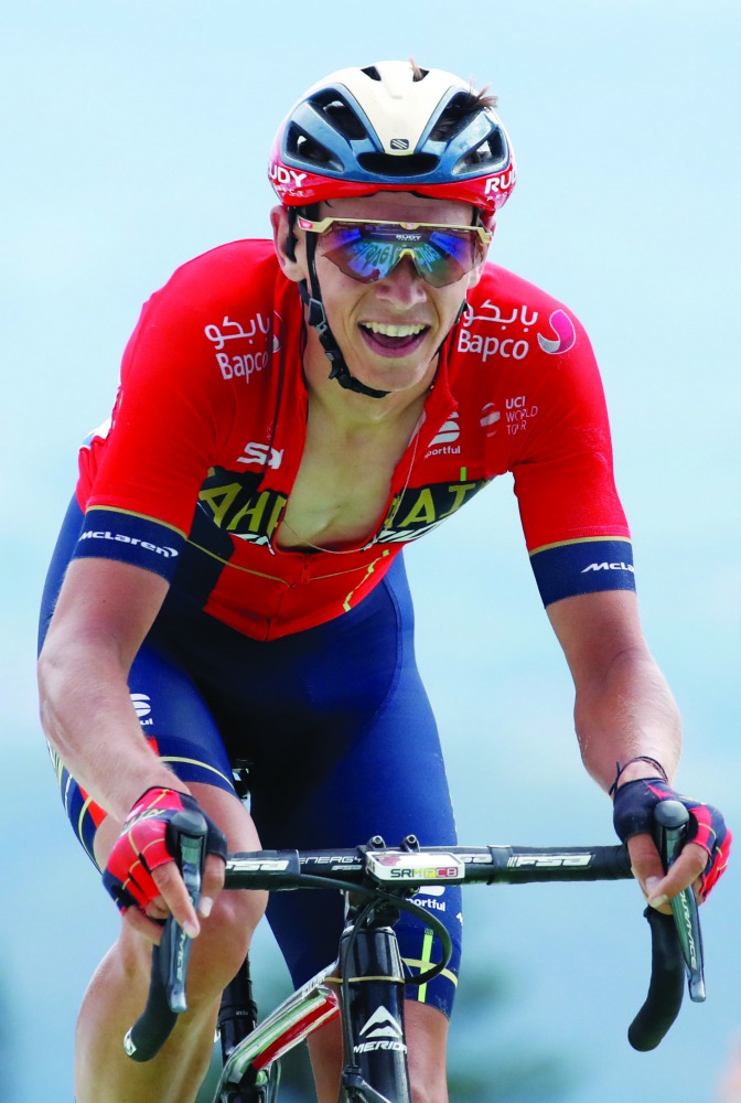 Bahrain-Merida rider Dylan Teuns of Belgium finishes to win the stage. Reuters/Christian Hartmann 