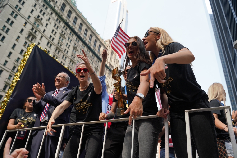 Players of the U.S Women's National Soccer team take part in a Victory Parade and City Hall Ceremony in New York, United States on July 10, 2019. The U.S. won the 2019 FIFA Women's World Cup, beating the Netherlands 2-0 in the final on Sunday in the Frenc