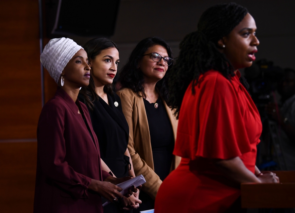 US Representative Ayanna Pressley speaks as Ilhan Abdullahi Omar, Rashida Tlaib, and Alexandria Ocasio-Cortez hold a press conference at the US Capitol on July 15, 2019. AFP/Brendan Smialowski