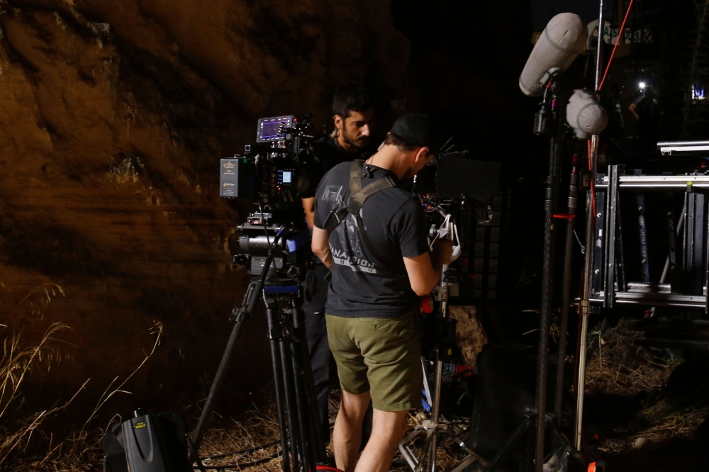 Camera operators set up during the filming of the multi-million-dollar sci-fi martial arts movie 