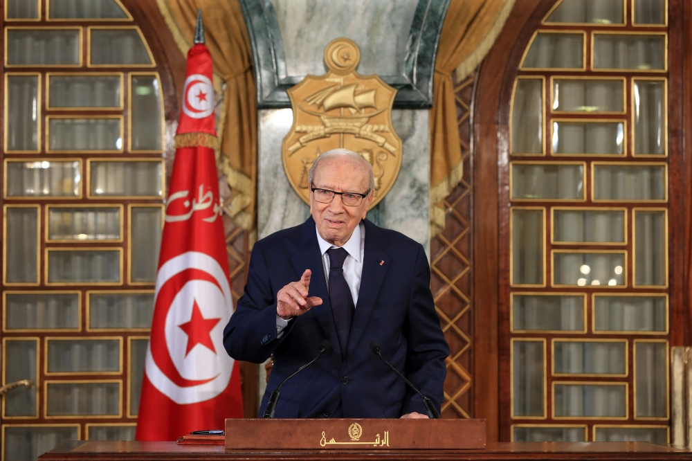 A file photo dated August 08, 2018 shows Tunisian President Beji Caid Essebsi delivering speech during press conference at Presidential Palace in Tunis, Tunisia. Tunisia's President Beji Caid Essebsi died on Thursday at age 92, said a statement by the Tun
