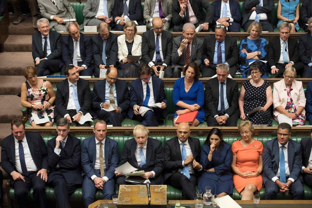 A handout photograph taken and released by the UK Parliament on July 25, 2019 shows Britain's Prime Minister Boris Johnson speaking in the Houses of Parliament in central London. (AFP PHOTO /JESSICA TAYLOR/ UK Parliament)