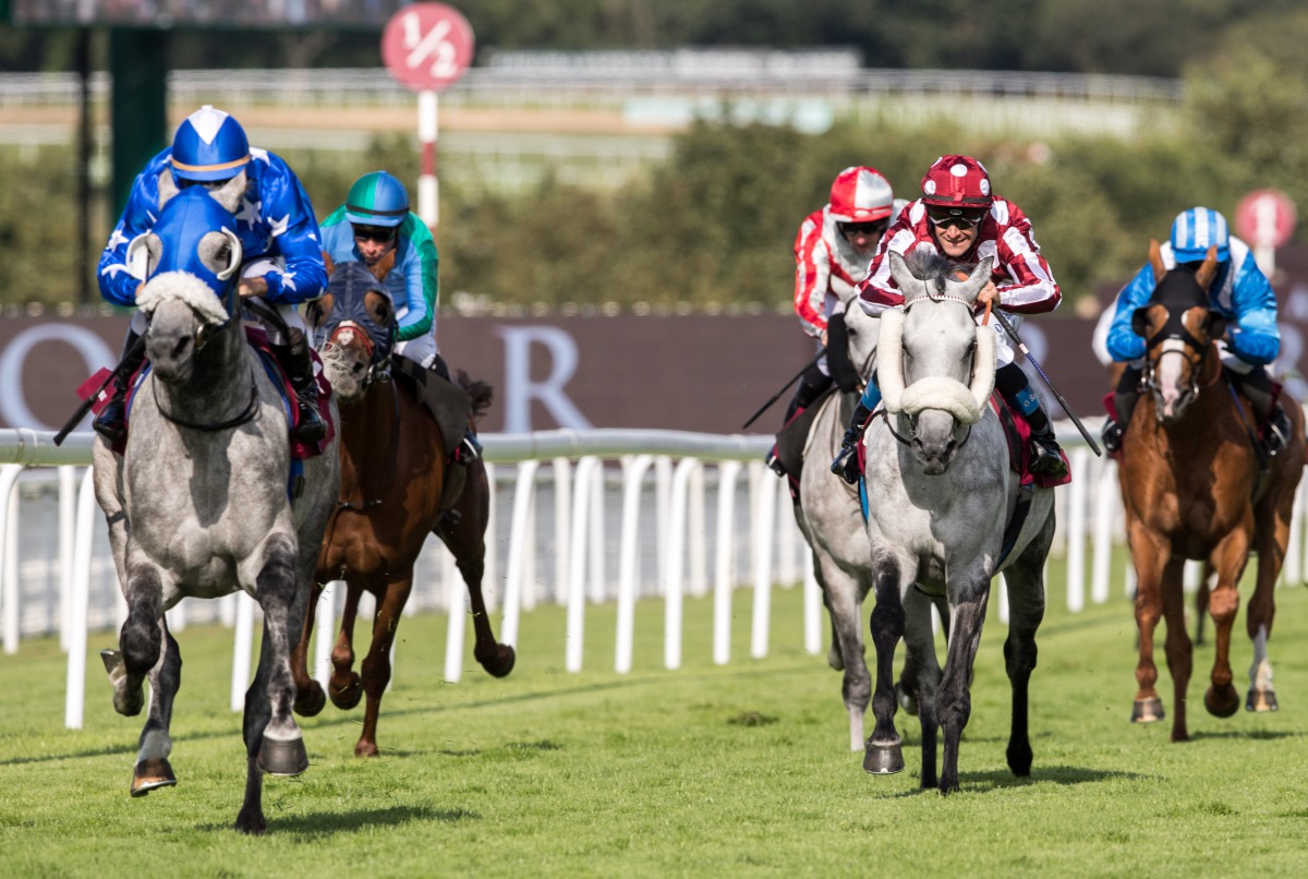 Jockey Maxime Guyon and Ebraz (left) on their way to win the Qatar International Stakes at the Qatar Goodwood Festival, yesterday.