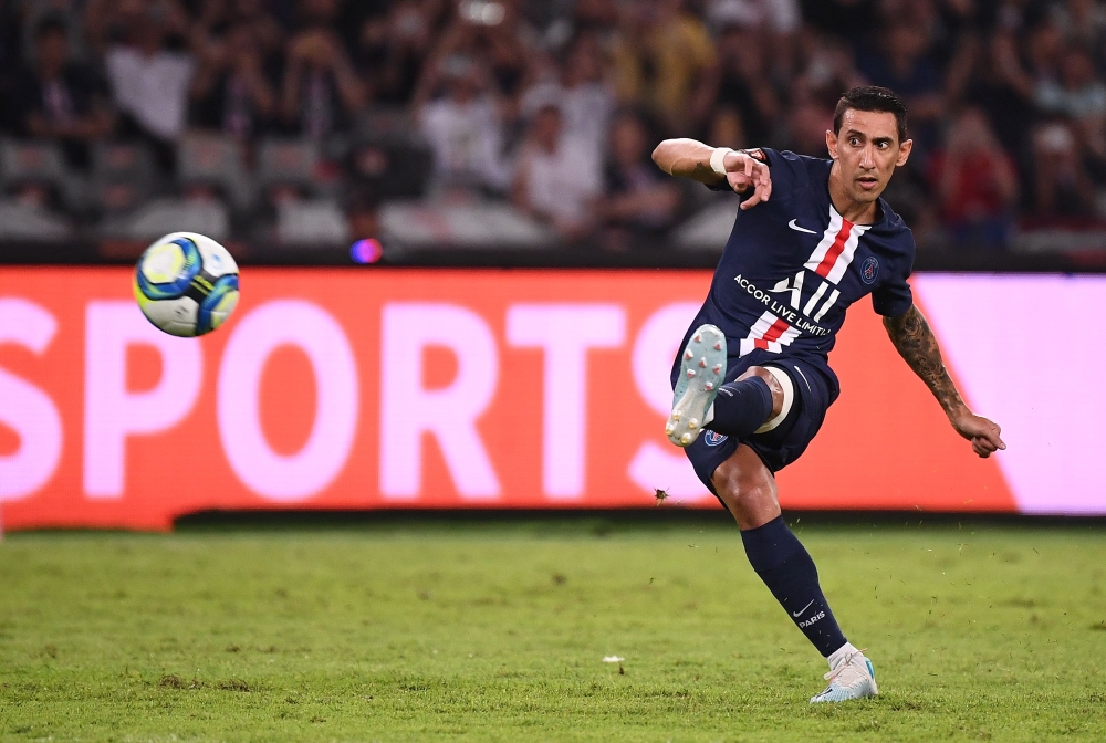 Paris Saint-Germain's Argentinian forward Angel Di Maria scores a goal during the French Trophy of Champions football match between Paris Saint-Germain (PSG) and Rennes (SRFC) at the Shenzhen Universiade stadium in Shenzhen on August 3, 2019. / AFP / FRAN