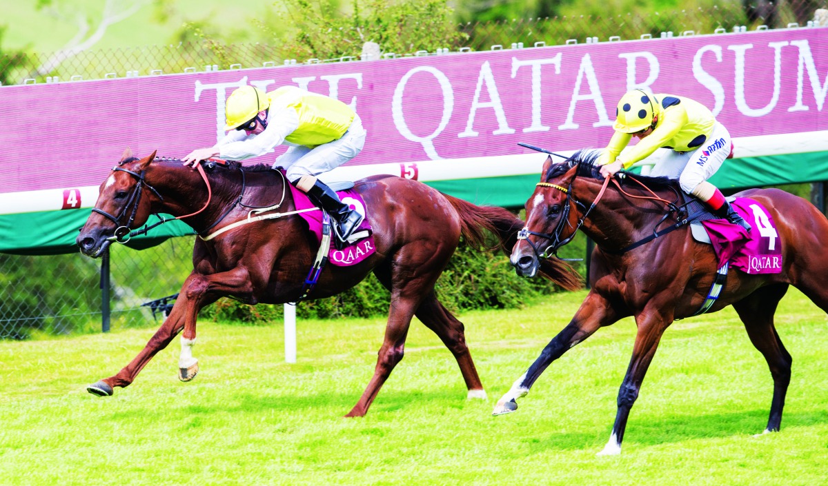 King’s Advice, ridden by Joe Fanning, on his way to win the  a brave performance to win the one mile, six-furlong, £100,000 Qatar Summer Handicap on the final day of the 2019 Qatar Goodwood Festival, yesterday.