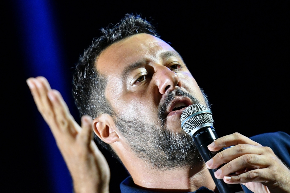 Far-right Interior Minister Matteo Salvini delivers a speech during his electoral tour on August 9, 2019 in Mola di Bari, south of Italy.   AFP / Alberto PIZZOLI