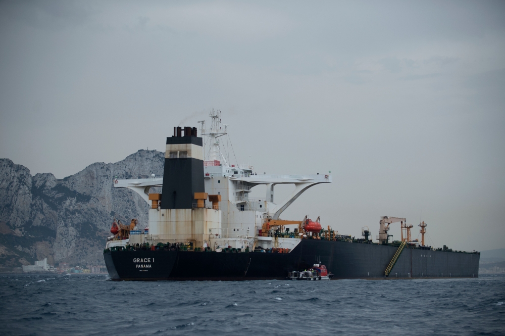  In this file photo taken on July 06, 2019 A picture shows supertanker Grace 1 off the coast of Gibraltar. (AFP / JORGE GUERRERO)