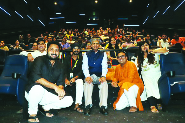 Indian Ambassador to Qatar, P  Kumaran and family along with the guests from  the  embassy watching a special screening of the movie ‘Mission Mangal’ at Vox Cinemas in Doha Festival City. 