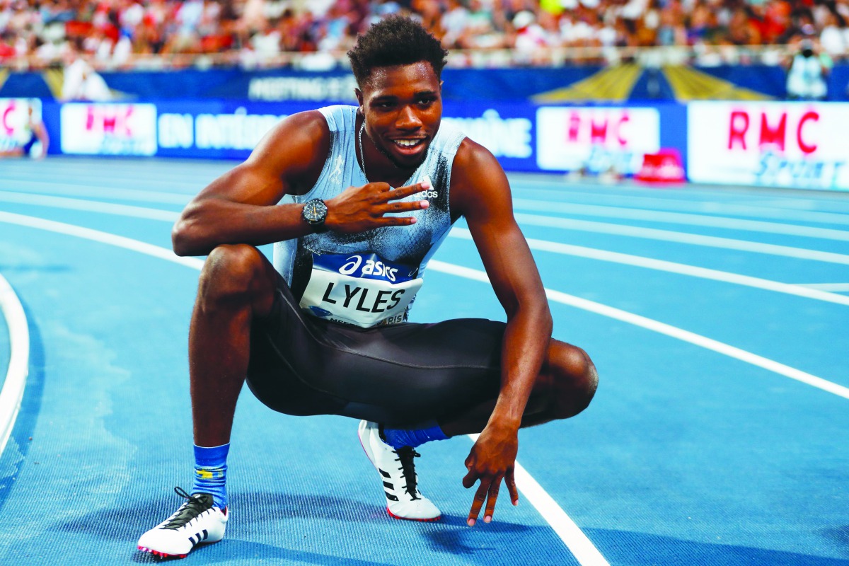  Noah Lyles celebrates after competing in the Men's 200m during the IAAF Diamond League competition on August 24, 2019 at the Charlety stadium, in Paris. AFP / Zakaria Abdelkafi