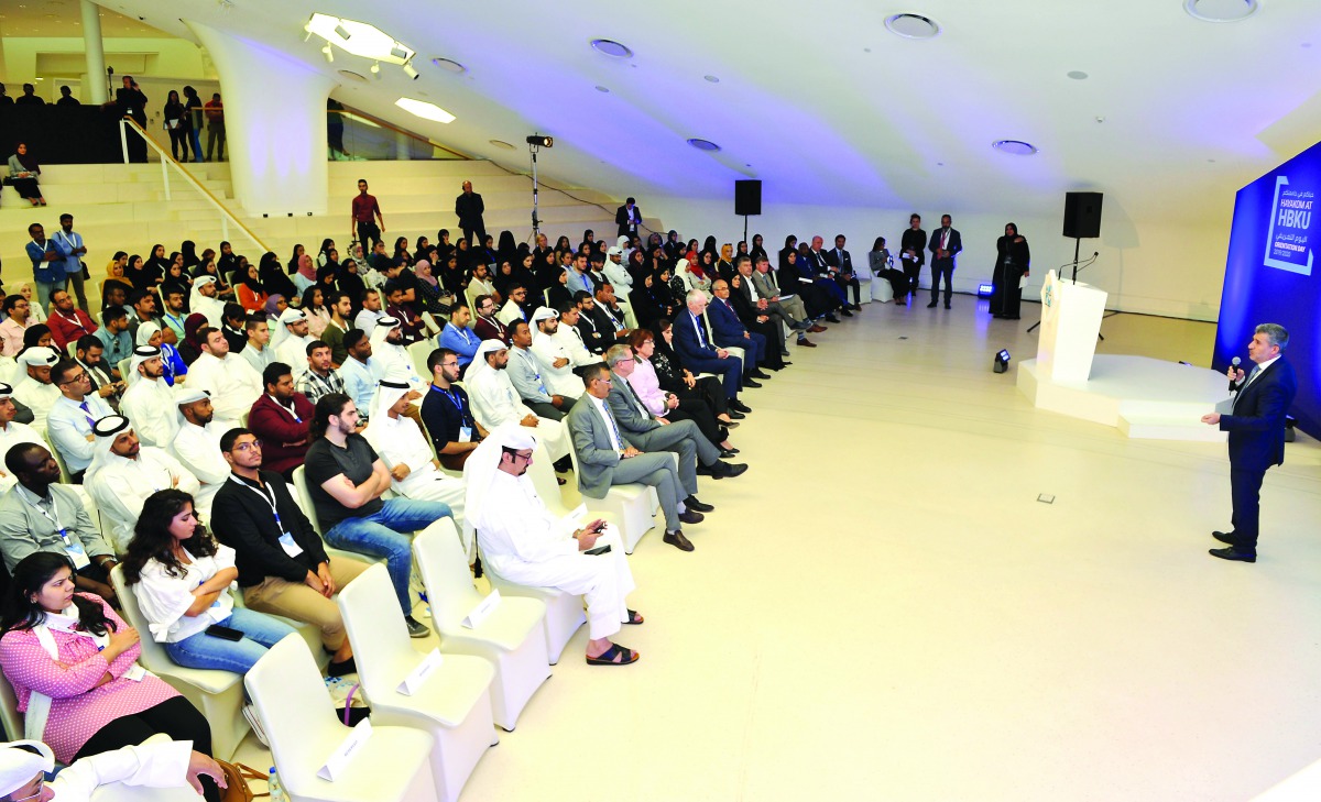 Dr. Ahmad M Hasnah, President of Hamad Bin Khalifa University (HBKU), addressing the Orientation Day event at the College of Islamic Studies at HBKU in Doha, yesterday. 
Pics: Salim Matramkot  / The Peninsula
