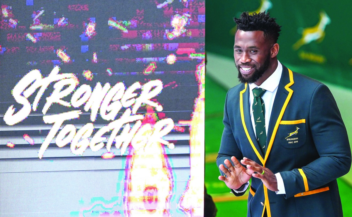 Springbok captain Siya Kolisi reacts during a press briefing of the Springbok Rugby World Cup squad announcement, at MultiChoice City in Johannesburg, on August 26, 2019. AFP / Christiaan Kotze