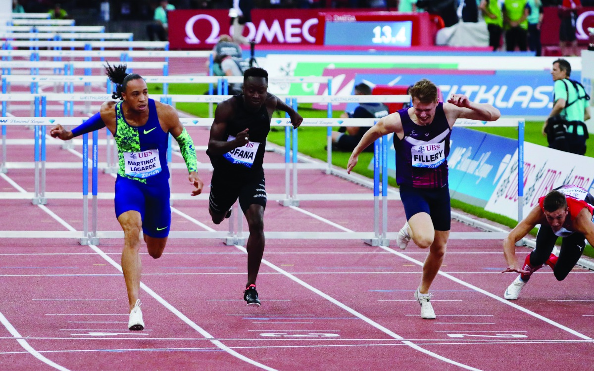 France’s Pascal Martinot-Lagarde (left) winning the men’s 110m hurdles event during the Zurich Diamond League finals at the Letzigrund Stadium in  Zurich, Switzerland, yesterday. 