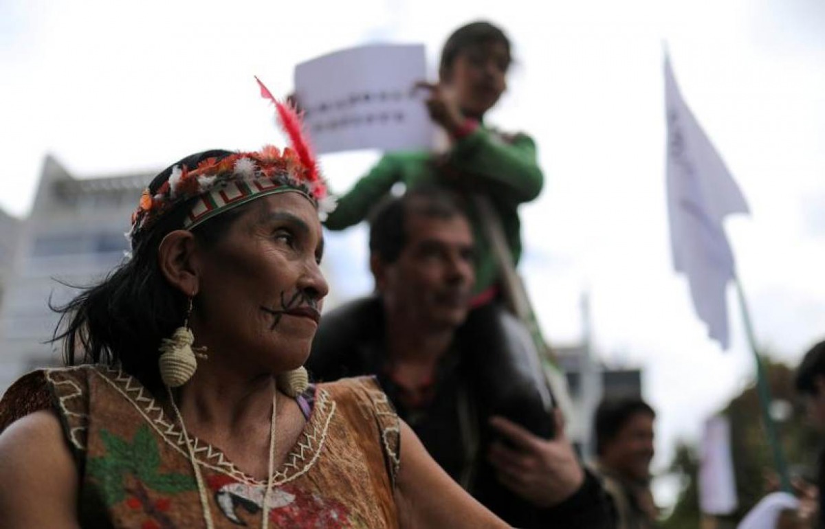An indigenous woman looks on as she attends a protest outside the Brazilian embassy due to the wildfires in the Amazon rainforest, in Bogota, Colombia August 23, 2019. Reuters/Luisa Gonzalez