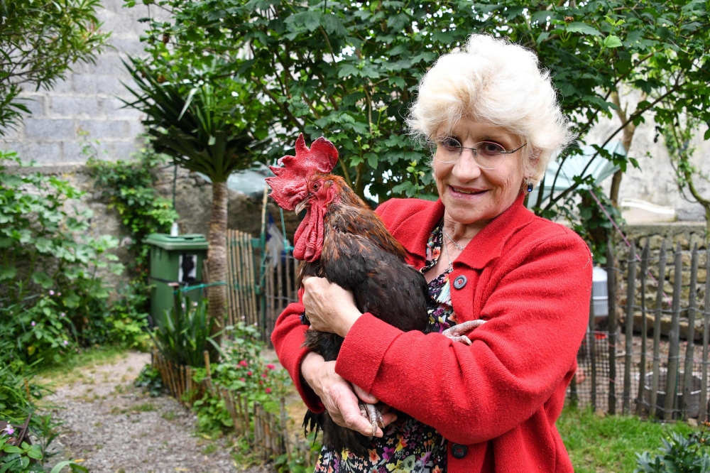 (FILES) In this file photo taken on June 5, 2019 Corinne Fesseau poses with her rooster 