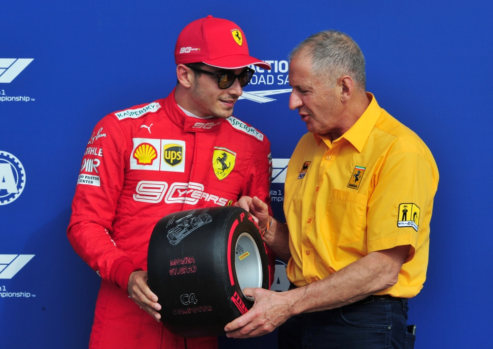 Ferrari's Charles Leclerc celebrates qualifying in pole position REUTERS/Jennifer Lorenzini