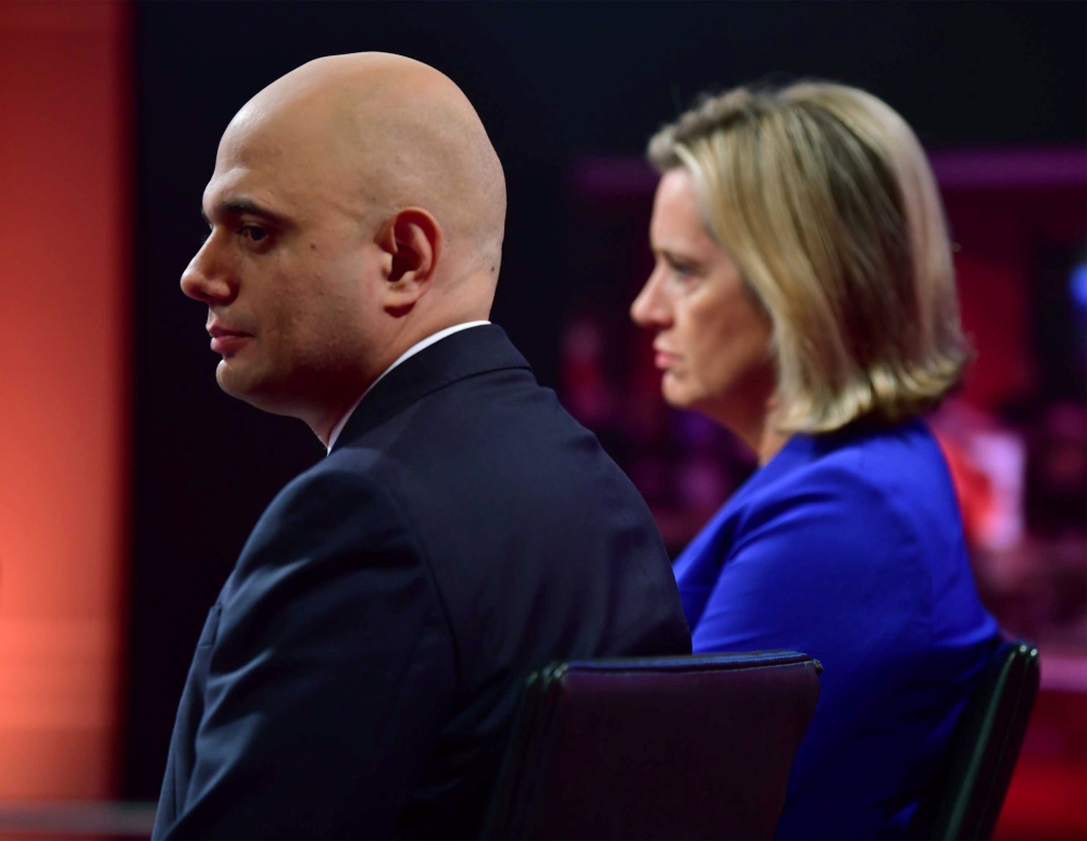 Britain's Chancellor of the Exchequer Sajid Javid and Britain's Secretary of State for Work and Pensions Amber Rudd appear on BBC TV's The Andrew Marr Show in London, Britain, September 8, 2019. Jeff Overs/BBC/Handout via REUTERS 