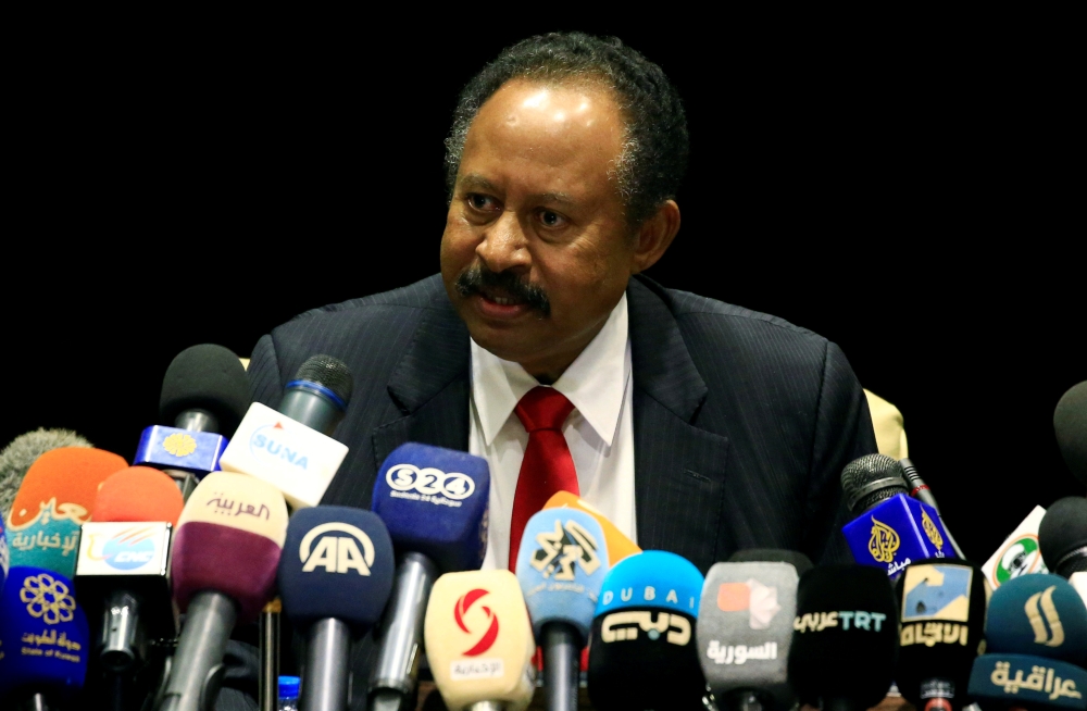 FILE PHOTO: Sudan Prime Minister Abdalla Hamdok speaks during joint press conference with German Foreign Minister Heiko Maas in Khartoum, Sudan September 3, 2019. REUTERS/Mohamed Nureldin Abdallah