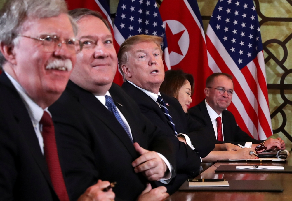 Donald Trump, Mike Pompeo, John Bolton and Mick Mulvaney attend a meeting in the Metropole hotel with Kim Jong Un and delegation in Hanoi, Vietnam, February 28, 2019. Reuters / Leah Millis