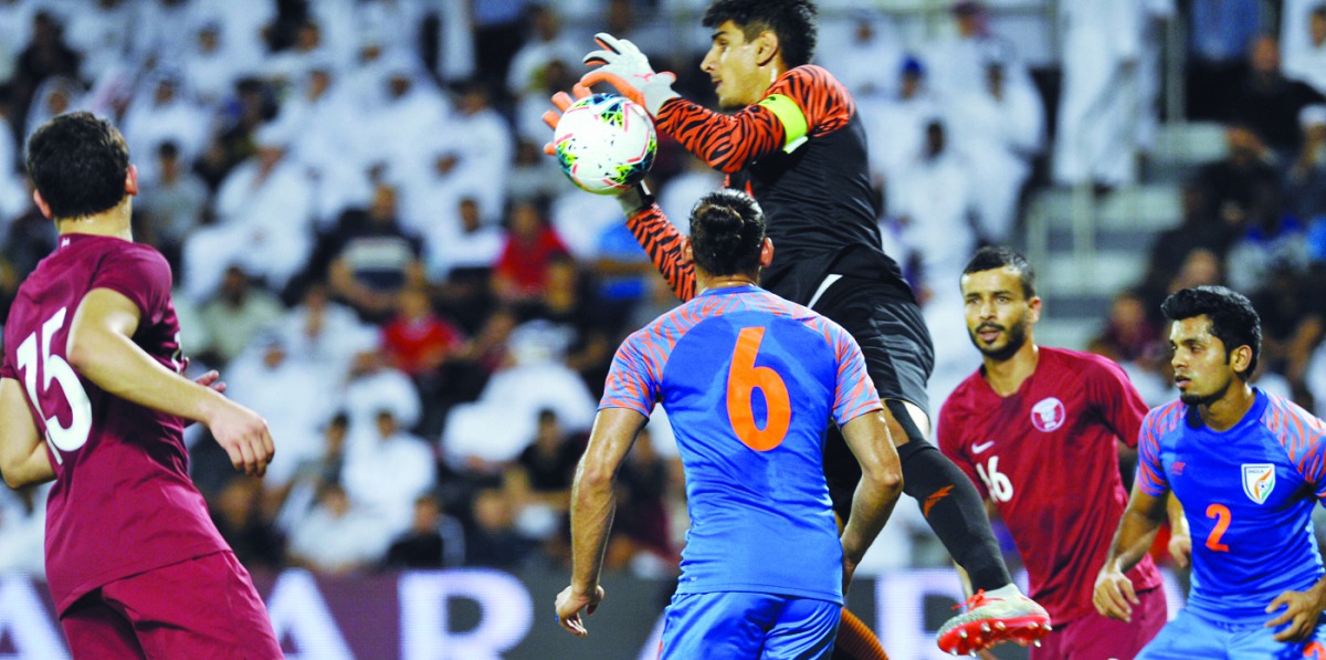 Indian goalkeeper Gurpreet Singh Sandhu makes a stop. Pic: Salim Matramkot / The Peninsula