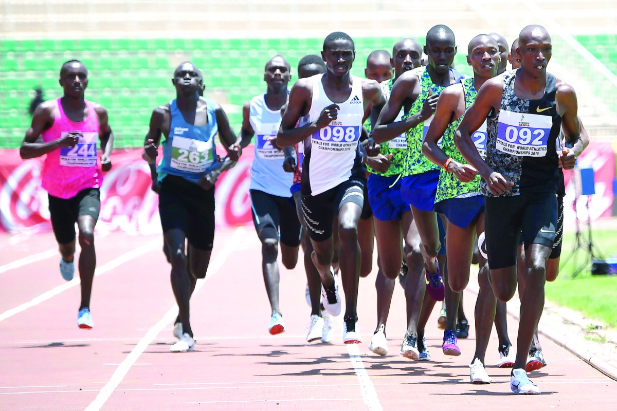 IAAF Diamond League champion Kenyan athlete Timothy Cheruiyot (right), competes with others in the men’s 1500m final of Kenya’s World Athletics Championship Trials in Nairobi, yesterday.