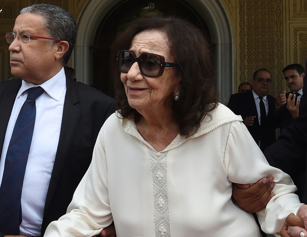 (FILES) This file photo taken on July 27, 2019, shows Tunisia's former first lady Chadlia Saïda Farhat, widow of late Tunisian president Beji Caid Essebsi, during her husband's state funeral at the presidential palace in the capital's eastern suburb of Ca