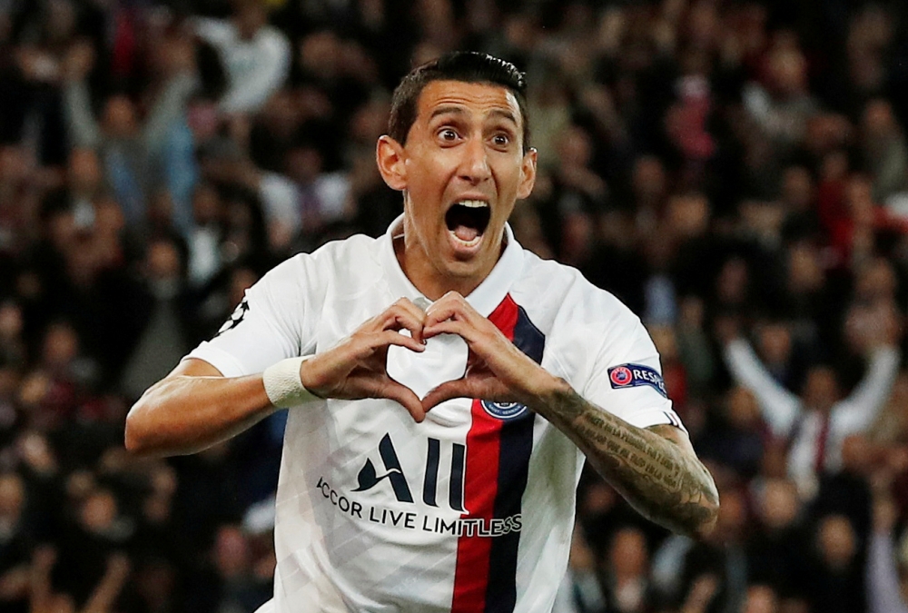 Paris St Germain's Angel Di Maria celebrates scoring their first goal. Reuters/Benoit Tessier