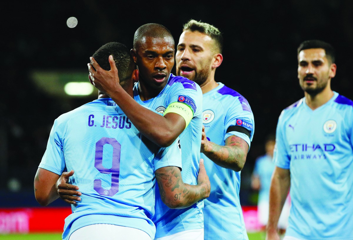  Manchester City's Gabriel Jesus celebrates scoring their third goal with Fernandinho, Nicolas Otamendi and Ilkay Gundogan. Reuters/Gleb Garanich