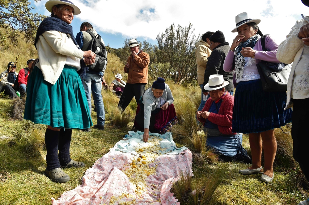 Ecuadorean indigenous people share a traditional lunch in Quimsacocha, Azuay province, Ecuador, on September 2, 2019. AFP/Rodrigo Buendia