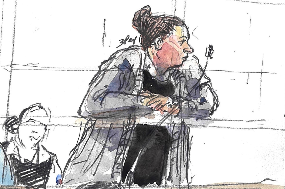 (FILES) This file photograph taken on April 11, 2019, shows a courtroom sketch of defendant French national Ines Madani, appearing in the Criminal Court of Paris during her trial with two other defendants for 
