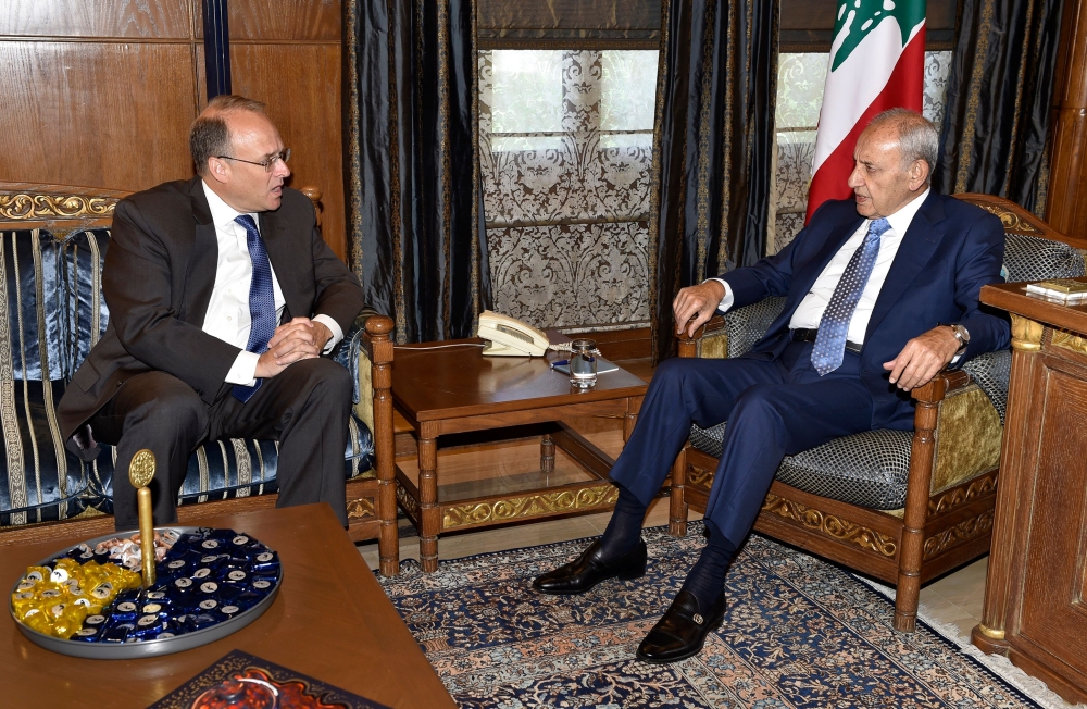 Lebanese Parliament Speaker Nabih Berri (R) meeting with Marshall Billingslea, US Assistant Secretary of the Treasury for Terrorist Financing, in Beirut