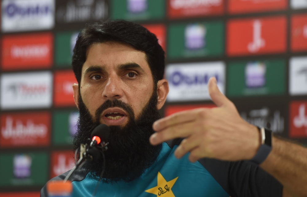 Pakistan's cricket head coach and chief selector, Misbah-ul-Haq gives a press conference in Karachi on September 25, 2019. / AFP / ASIF HASSAN