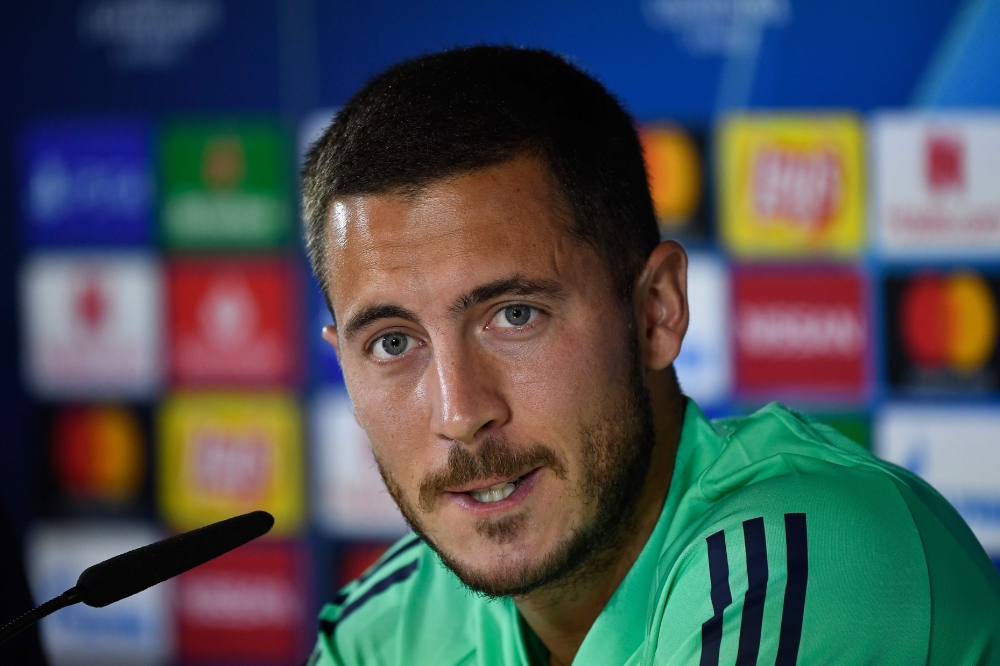 Real Madrid's Belgian forward Eden Hazard gives a press conference at the Valdebebas training complex in the outskirts of Madrid, on September 30, 2019, on the eve of the UEFA Champions league Group A football match against Club Brugge. / AFP / PIERRE-PHI