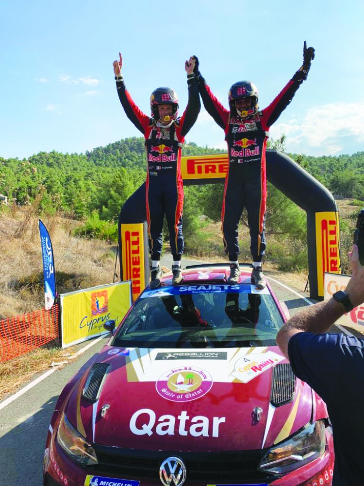 Qatari Driver Nasser Saleh Al Attiyah (right) and his French co-driver Mathieu Baumel after winning the Cyprus Rally on Sunday. The victory also secured Al Attiyah his 15th Middle East Rally Championship title. Picture: Twitter / Volkswagen Motorsport