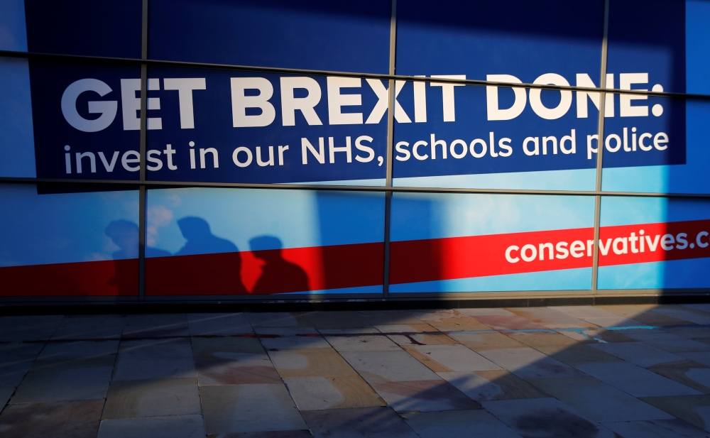 A Brexit slogan is displayed at the venue of the Conservative Party annual conference in Manchester, Britain, October 2, 2019. REUTERS/Phil Noble