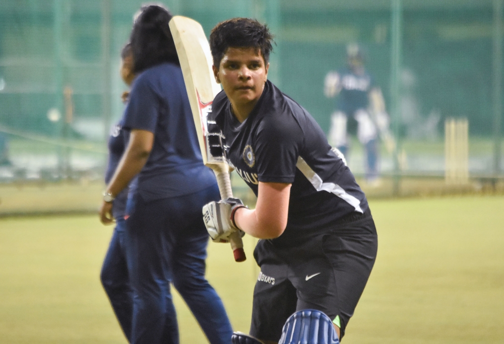 In this photo taken on September 28, 2019 cricketer Shafali Verma trains during an Indian cricket team practice session in Surat, ahead of a Twenty20 match between India and South Africa./ AFP / STR