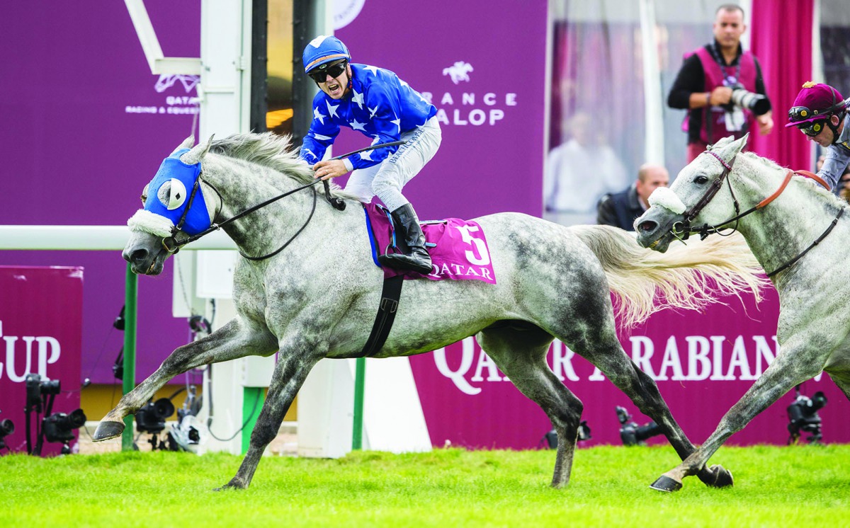 Jockey Maxime Guyon guiding Ebraz to win the Qatar Arabian World Cup (Gr1 PA) at ParisLongchamp yesterday.