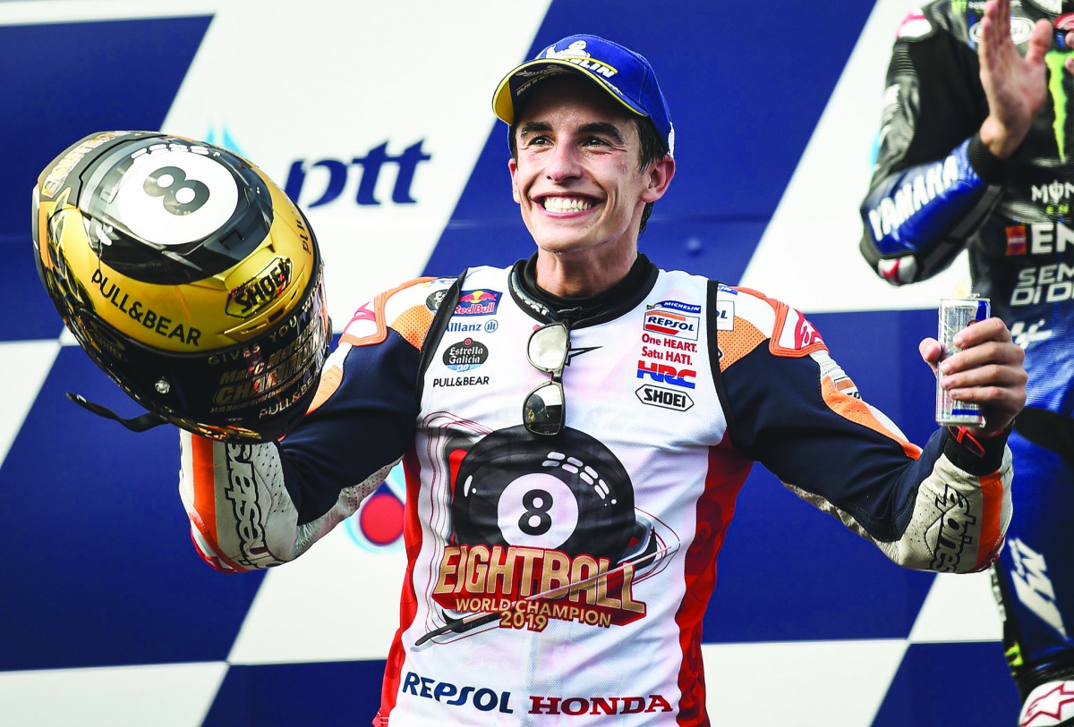 Repsol Honda Team Spanish rider Marc Marquez celebrates on the podium after winning the MotoGP race for the Thailand Grand Prix at Buriram International Circuit in Buriram on Sunday.