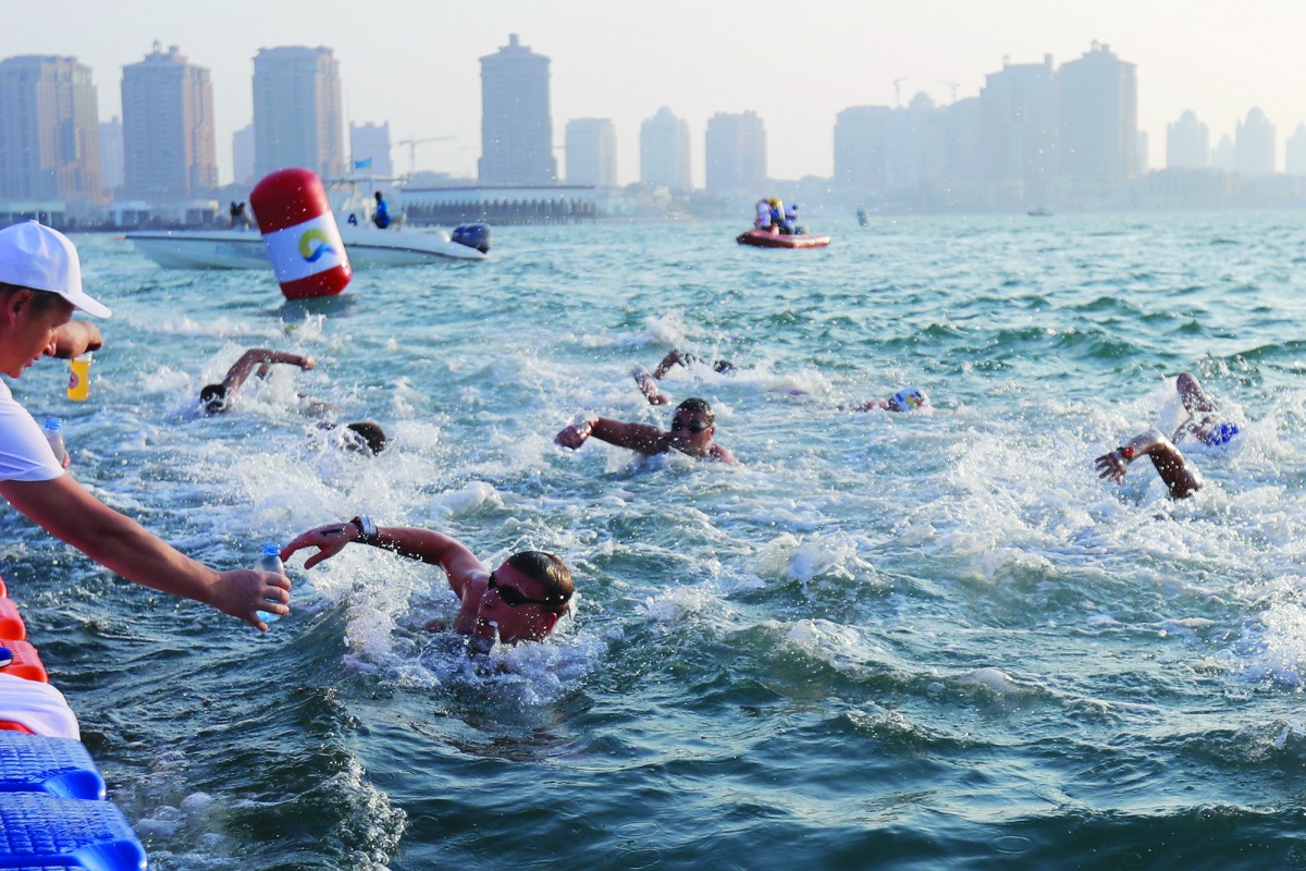 The five kilometre open water swim race in progress at Katara during day three of the 1st ANOC World Beach Games yesterday. Pictures: Angelos Zymaras / Laurel Photo Services / www.awbgqatar.com