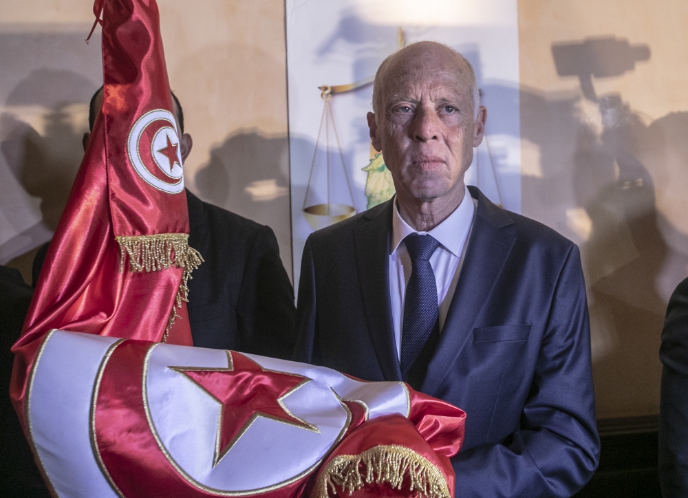 Tunisia’s independent candidate Kais Saied holds a press conference after has secured more than 72% of votes in the presidential election held on Sunday, said an exit polls agency, in Tunis, Tunisia on October 13, 2019. ( Yassine Gaidi - Anadolu Agency )